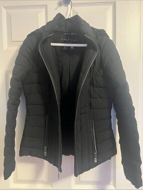 Nautica Girls Black Quilted Hooded Puffer winter with detachable hood.
